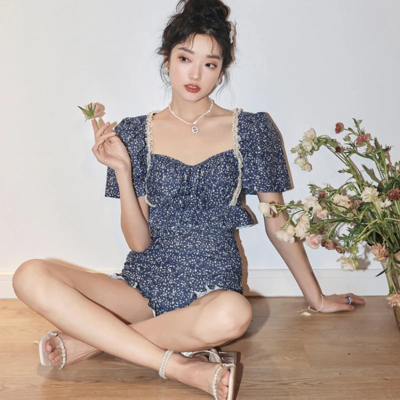 Swimsuit for Women with Pure Desire High-end Feeling Sexy Backless Floral Style Gathered Skirt Style One-piece Beach Swimsuit