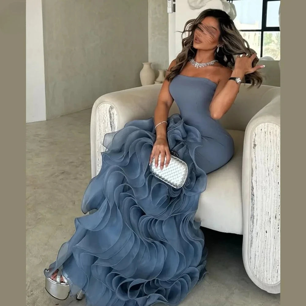 Elegant  Asymmetrical Prom Gown Tiered Layers Party Dress for Women Mermaid Evening