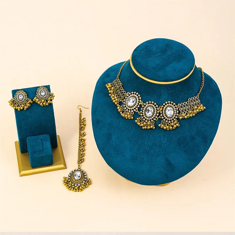 Ethnic Jewelry Set Glasses Stone Jewelry Sets Hollow Metal Pendant Necklace Earrings Headchain Set For Women Jewelry Gifts