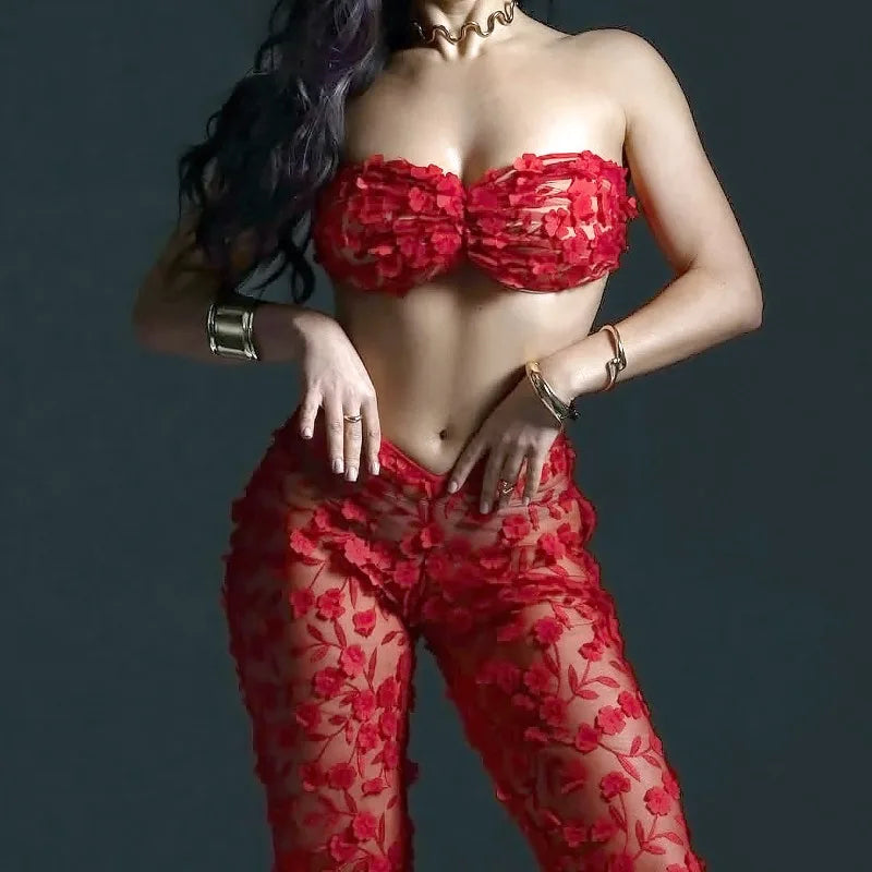 Red Erotic Sexy Lingerie Sets for Women Elegant 3PC Pants Strapless Bra 3D Floral Underwear See Through Clubwear Erotic Costumes