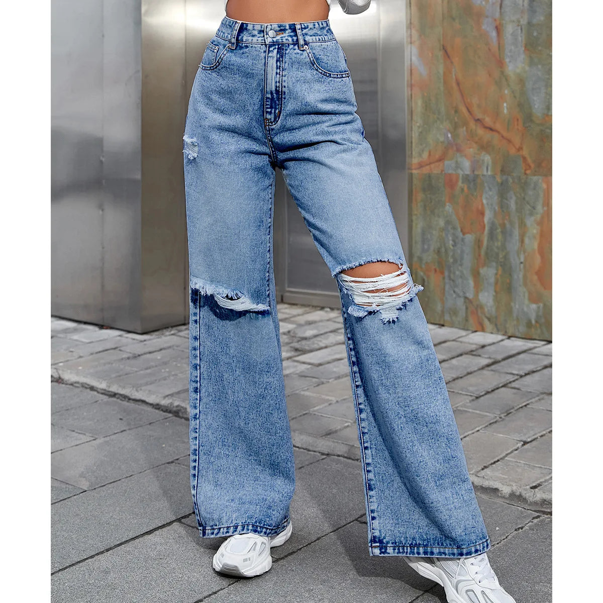 Autumn New Women's Fashion Ripped High Waist Wide Leg Casual Jeans Boyfriend Jeans for Women