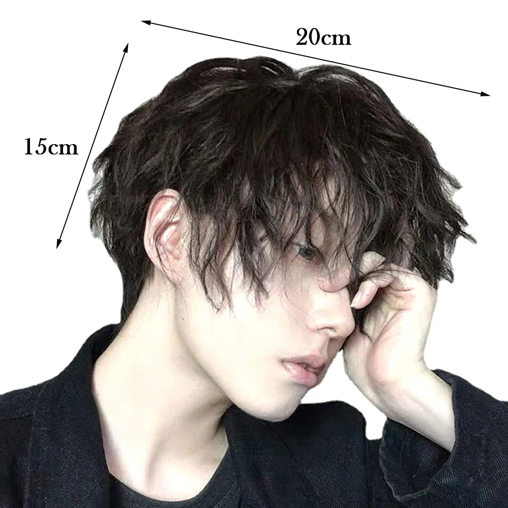 Short Natural Curly Wig For Men Black Synthetic Hair with Bangs Faux Hairs
