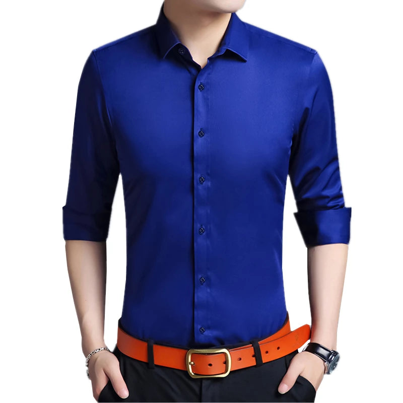 Bright Red Long Sleeve Shirt Men's Fashion Slim Shirts White Blue Gray Men Tops Black Purple Green Dress Camisa Male Chemise