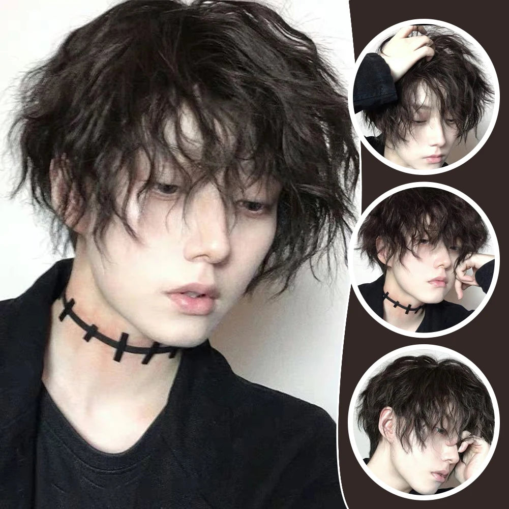 Short Natural Curly Wig For Men Black Synthetic Hair with Bangs Faux Hairs