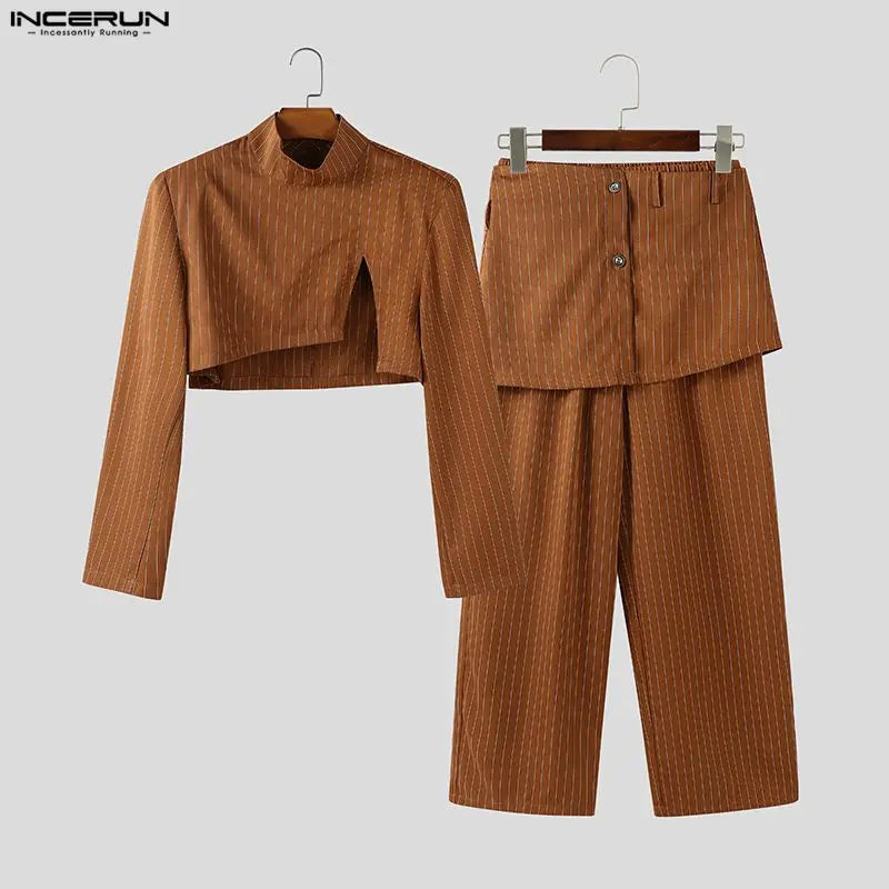 INCERUN Men Sets Striped Long Sleeve Crop Blazer & Irregular Pants Two Pieces Sets