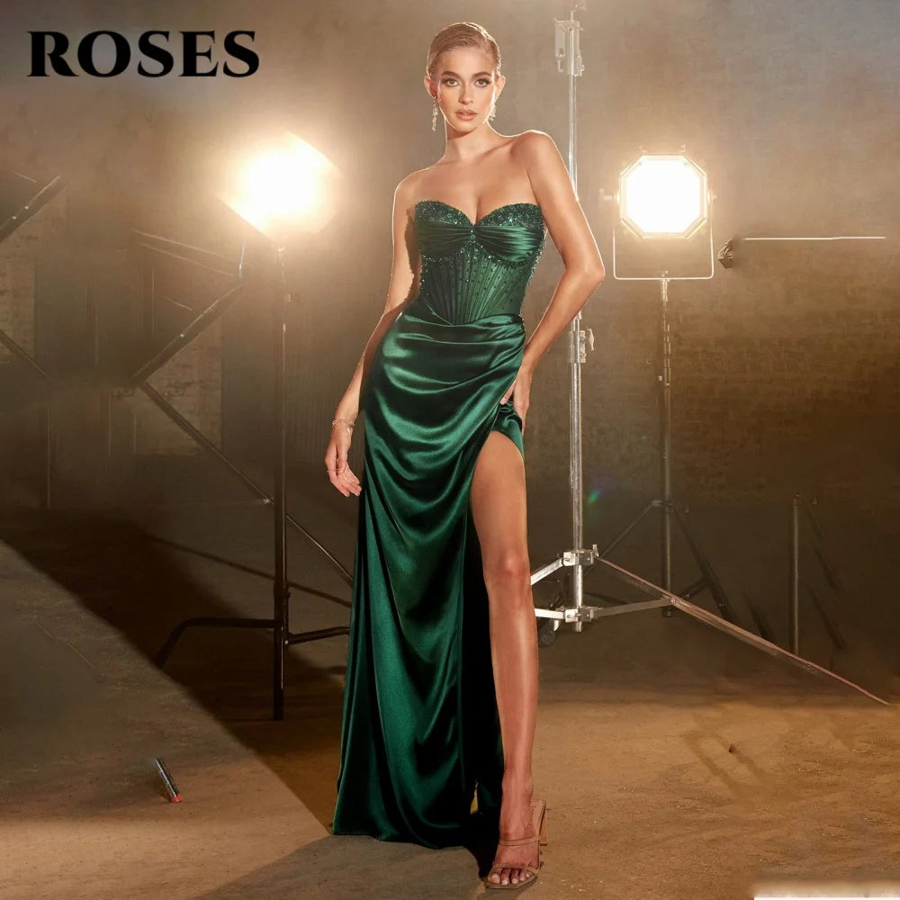 Pink Sexy Prom Dresses Sweetheart Sleeveless Hollow Prom Gown with Fishbone Satin Beadwork Split Formal Gown Customize