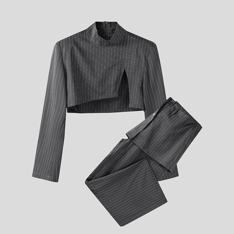 INCERUN Men Sets Striped Long Sleeve Crop Blazer & Irregular Pants Two Pieces Sets