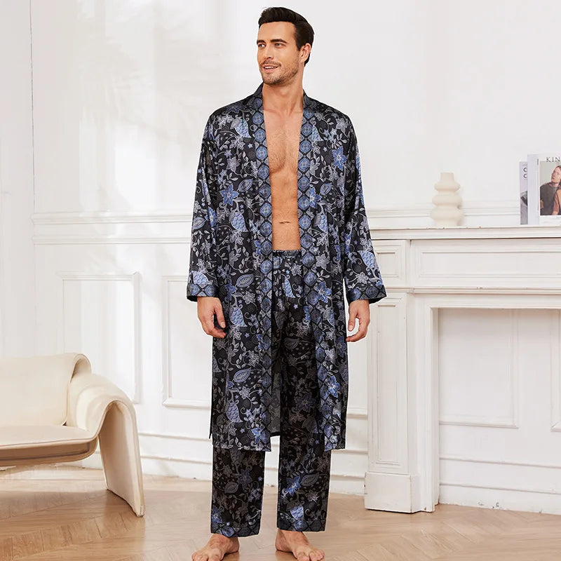 Male Satin Sleepwear Robe Pants Pajamas Set Print Men Nightwear Kimono Bathrobe Gown Lounge Wear Home Clothes