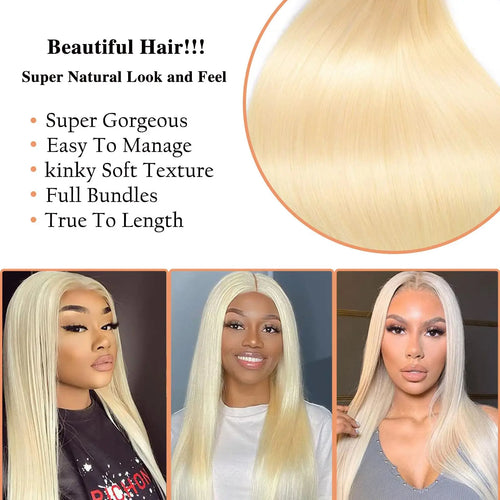 Blonde Human Hair 3 Bundles  Brazilian Straight Hair Bundle Honey Blonde Virgin Bundles Human Hair Extensions Weave 613 Color