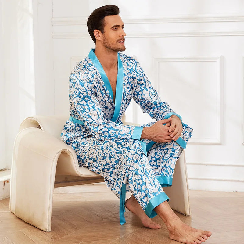 Male Satin Sleepwear Robe Pants Pajamas Set Print Men Nightwear Kimono Bathrobe Gown Lounge Wear Home Clothes